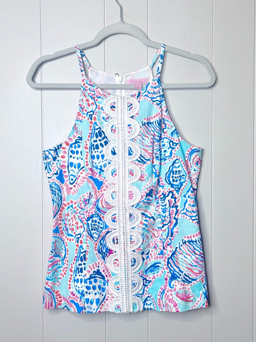 Lilly Pulitzer Pink Blue Lace-Trim Halter Tank 100% Cotton Lined Women’s 4